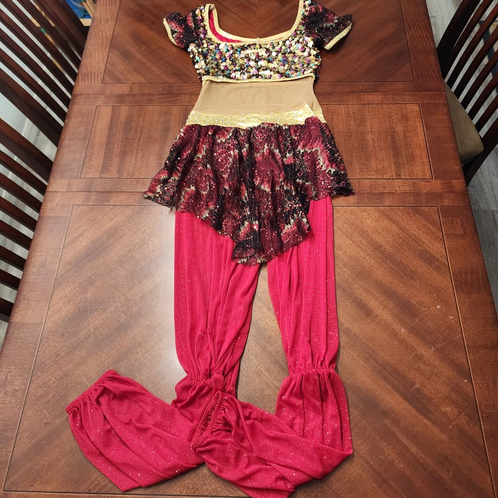 A Wish Come True Dance Costume Womens Small Red Gold Sequin Bollywood Dance - Picture 6 of 8